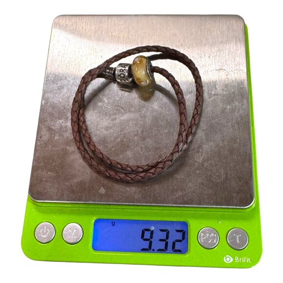 Pandora Brown Braided Double Leather Bracelet With Yellow Glass Charm Sterling - Picture 5 of 8